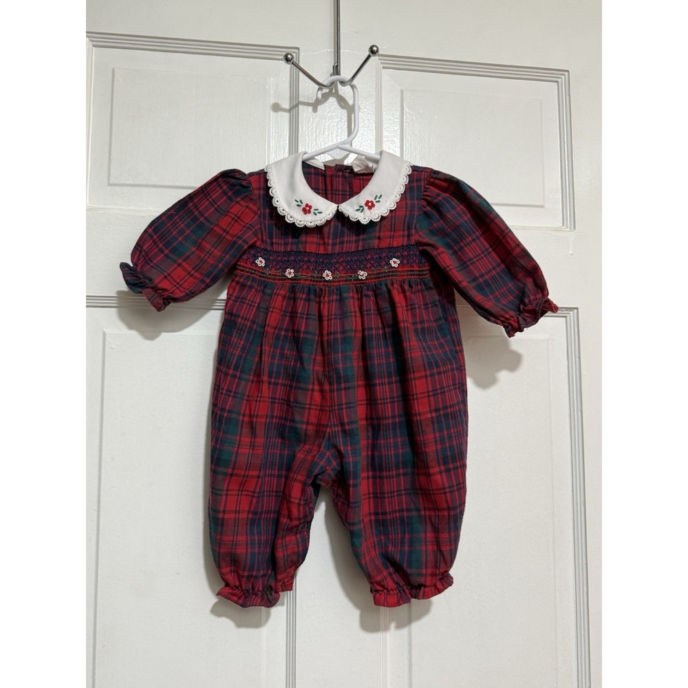 Vintage One Piece Red Plaid Flower Smock Long Sleeve Pants Size 6 Month Collar